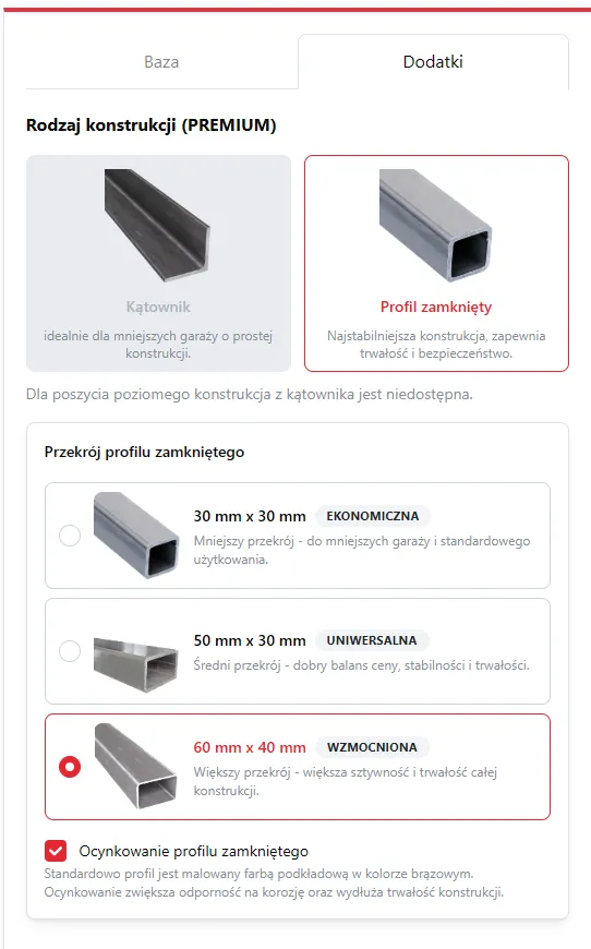 Konfigurator: wybór profilu konstrukcji