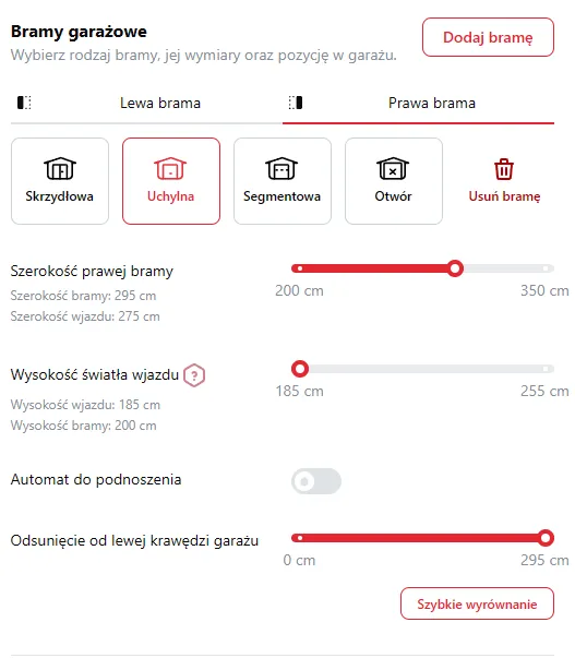Konfigurator: rodzaj, wymiary i położenie bramy