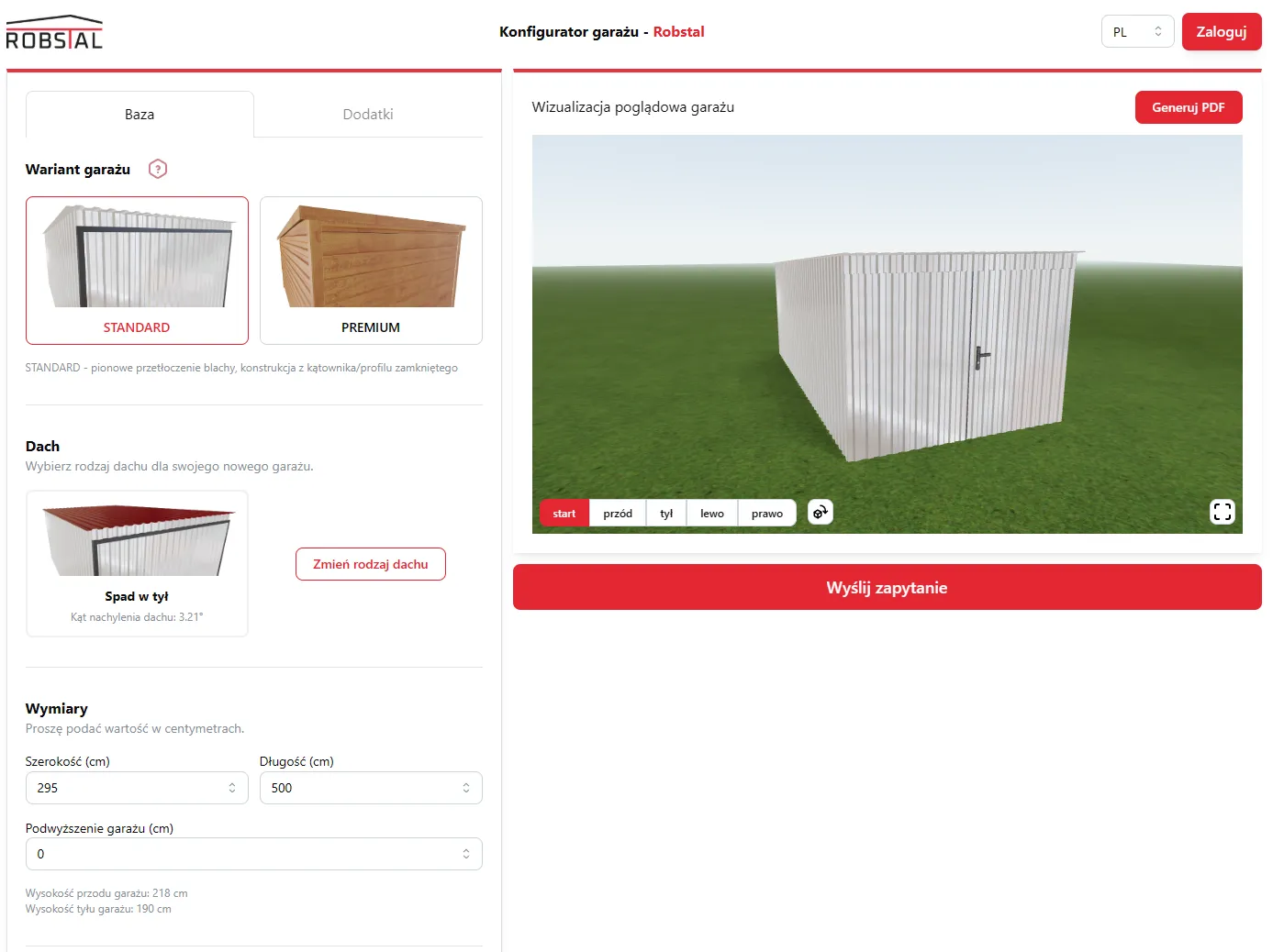 Konfigurator garażu 3D: panel opcji i podgląd 3D na żywo