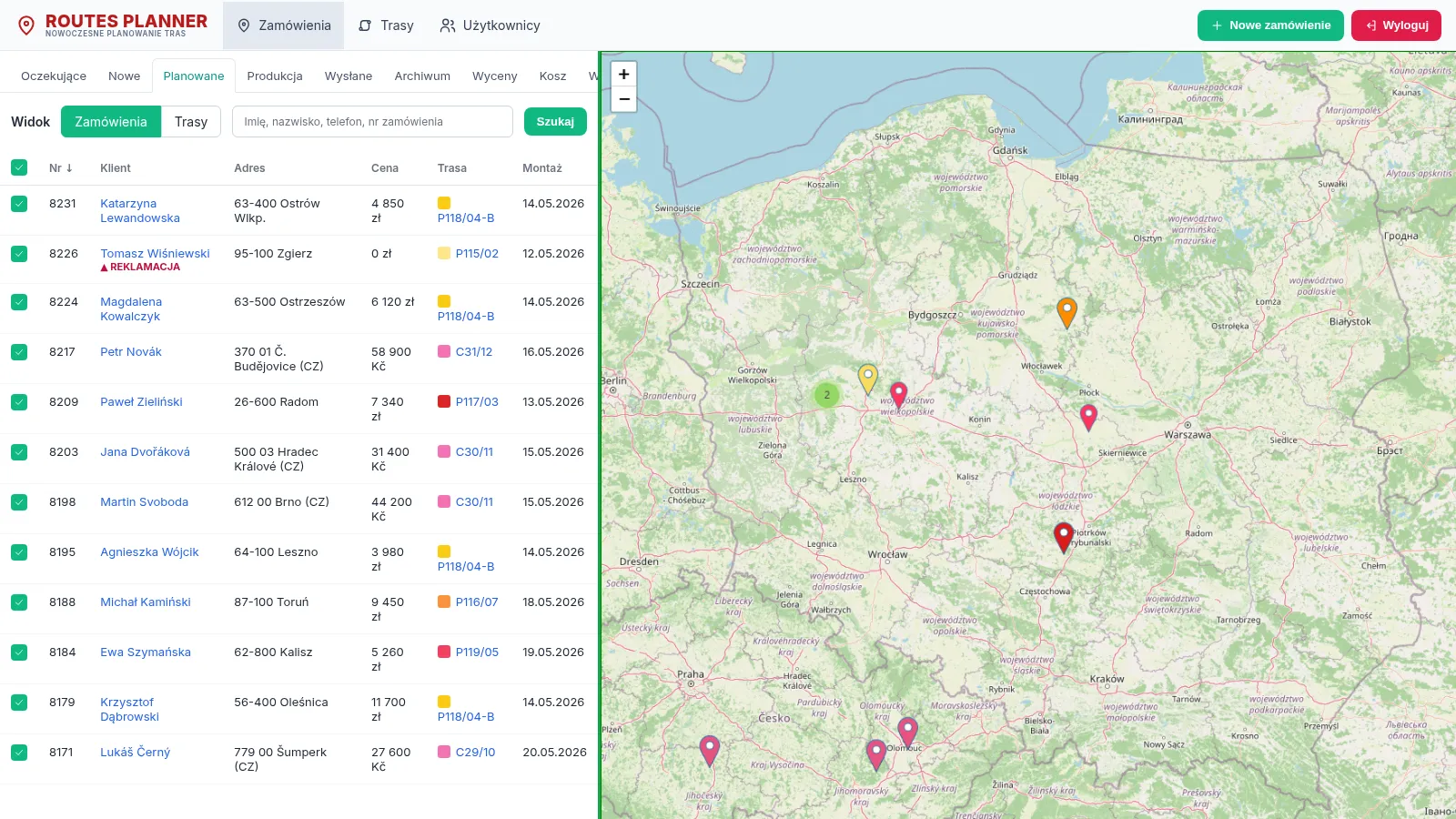 Routes Planner: lista zamówień obok mapy ze znacznikami