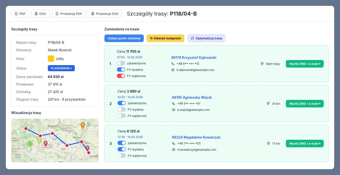 Routes Planner: szczegóły trasy z przystankami, płatnościami i powiadomieniami